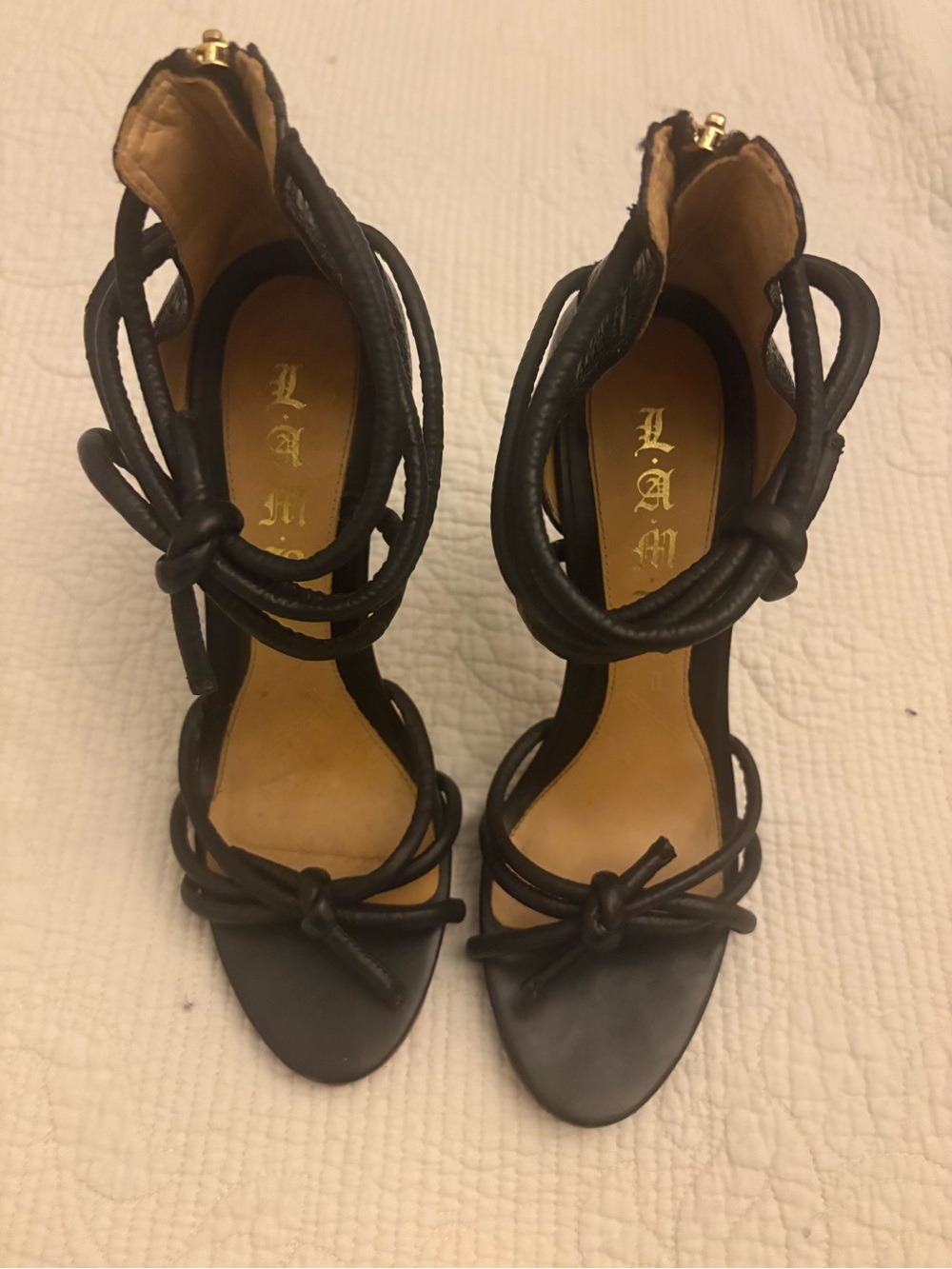 L.A.M.B. Gwen Stefani Black Leather Strappy Knotted Heel Sandals Gold Zipper -9